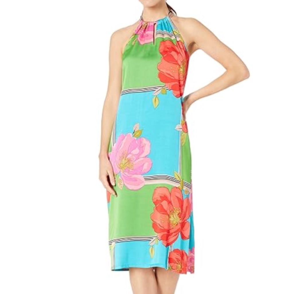 Trina Turk Midi Roe Floral Halter Color Block Tropical Dress Size 2